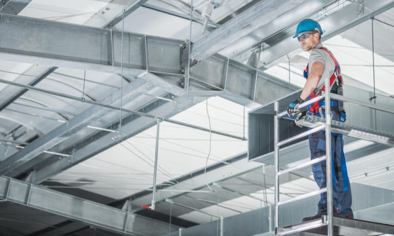 hvac-technologies-warehouse-air-circulation-installer-aluminium-scaffolding-preparing-make-final-air-vents-adjustments
